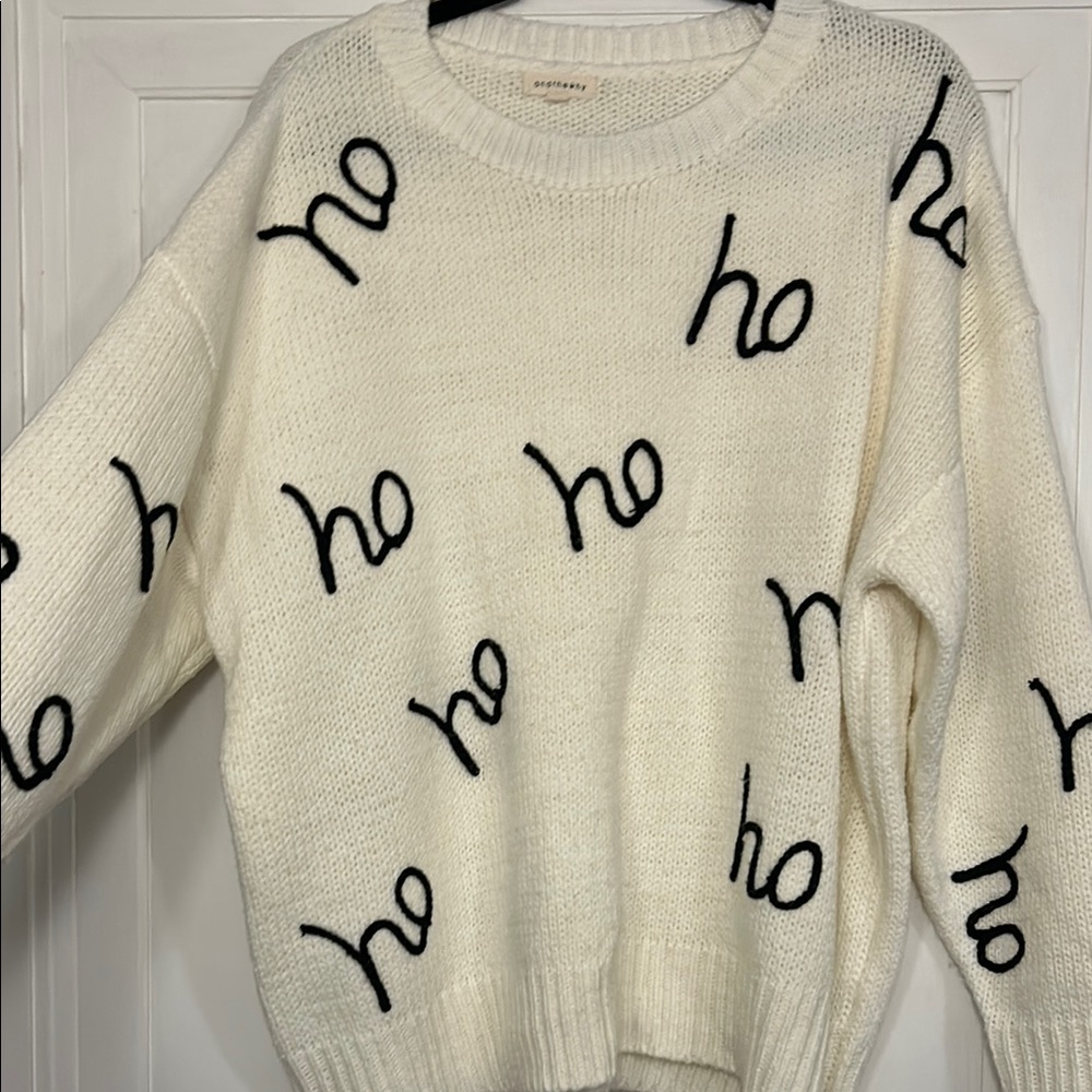 White Sweater with Black 'Ho Ho' Design